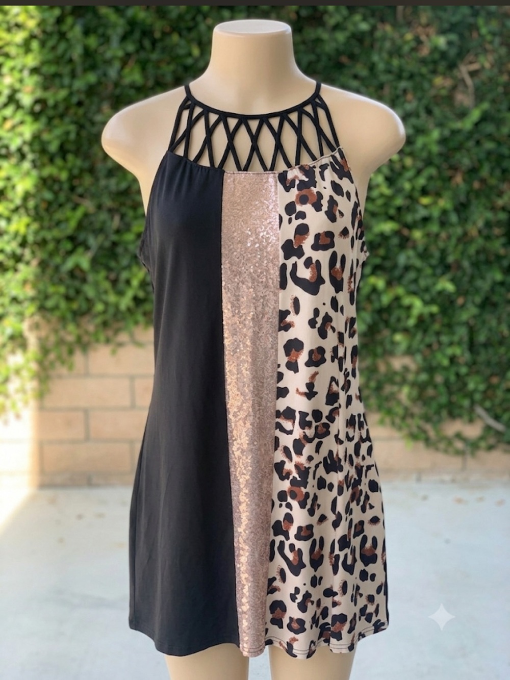 Source Unknown Black, Gold & Leopard Print Midi Dress